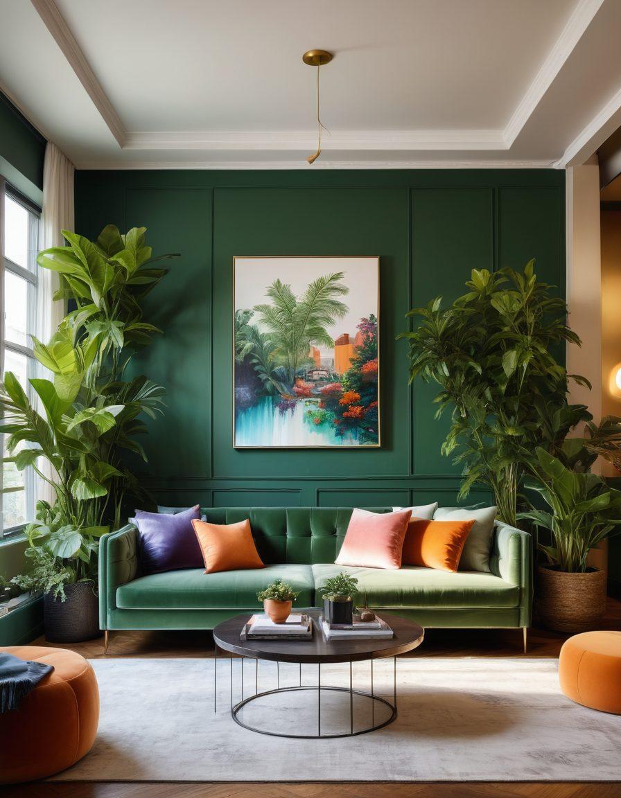 A stunning transformation scene depicting a cozy flat evolving into a luxurious apartment, showcasing innovative and personalized decor styles. Include elements like vibrant artwork, stylish furniture, and unique accents that reflect personality. Capture an inviting atmosphere with warm lighting and lush greenery. The background should blend urban and upscale elements for contrast. super-realistic. vibrant colors. warm lighting.